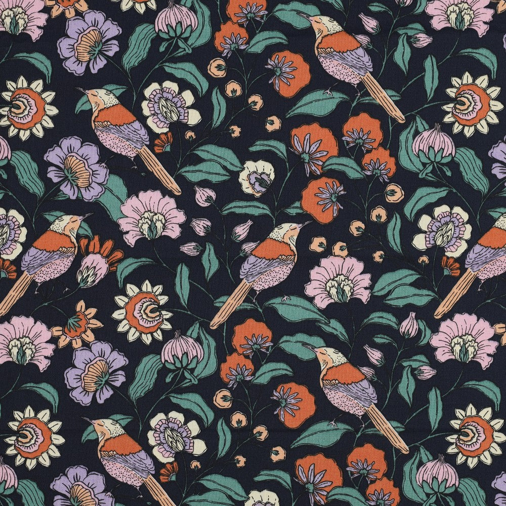 Coton enduit fleurs - Bleu marine oekotex POPPY