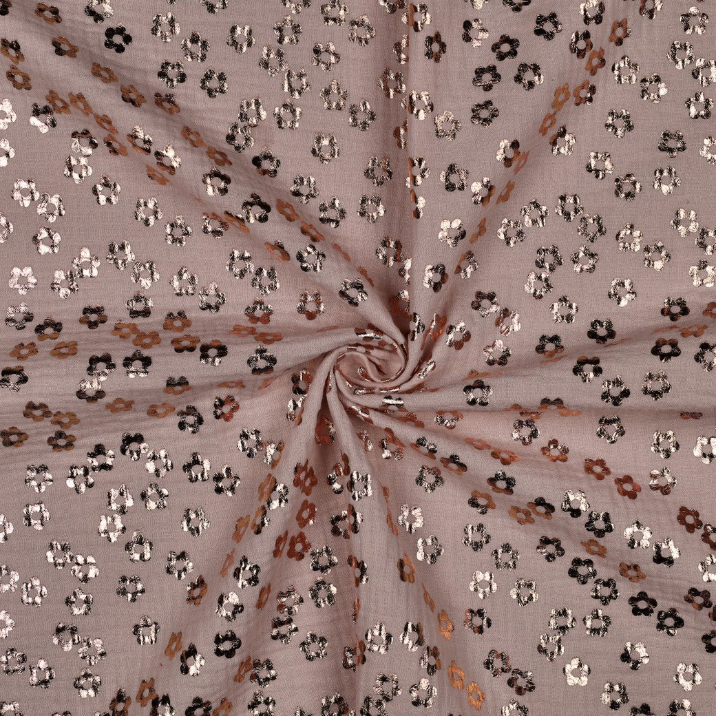 Double gaze fleurs dorées rosé — coton