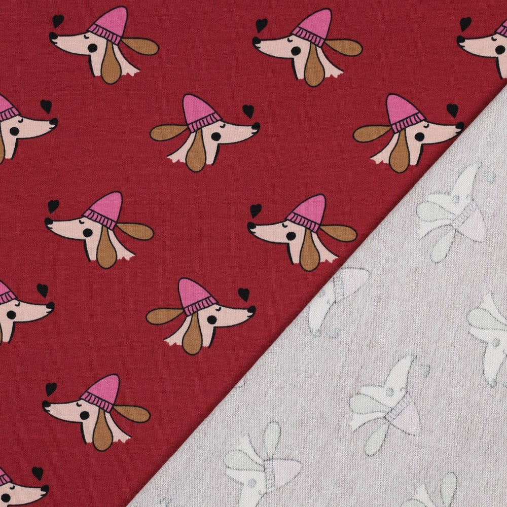 French terry DOGS and HEARTS POPPY