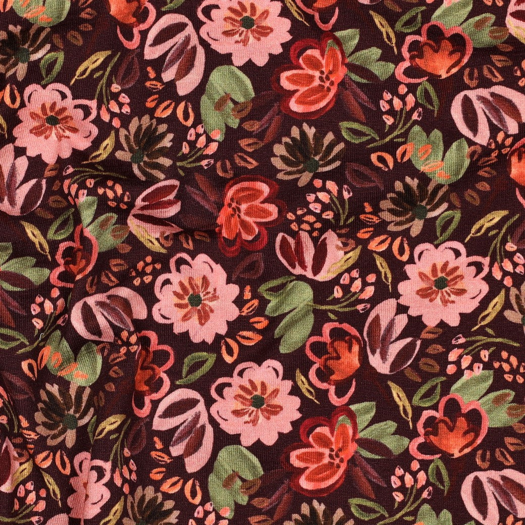 Jersey coton Oekotex fleurs POPPY - Fond bordeaux