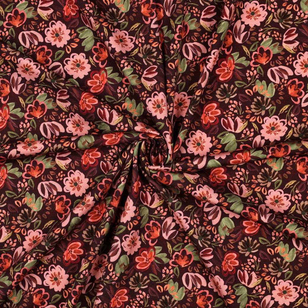 Jersey coton Oekotex fleurs POPPY - Fond bordeaux