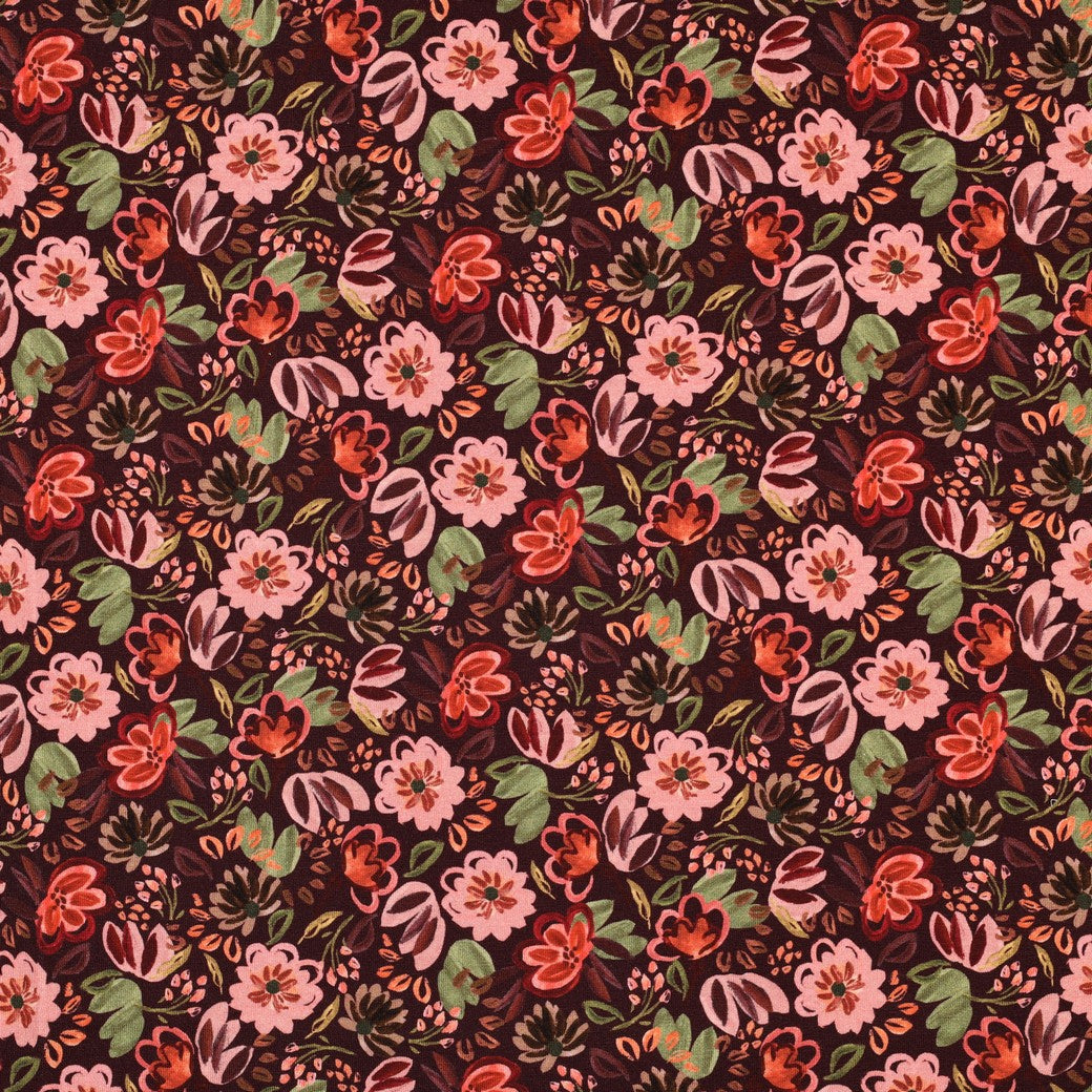 Jersey coton Oekotex fleurs POPPY - Fond bordeaux