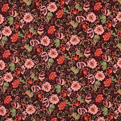 Jersey coton Oekotex fleurs POPPY - Fond bordeaux