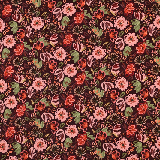 Jersey coton Oekotex fleurs POPPY - Fond bordeaux