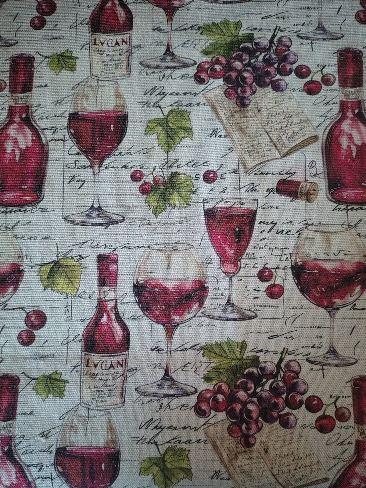 Tissu coton aspect lin — Vin et raisins fond écru
