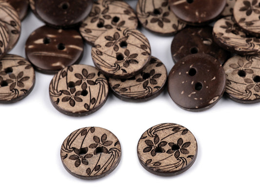 Bouton en noix de coco, taille 15,2mm, Fleur
