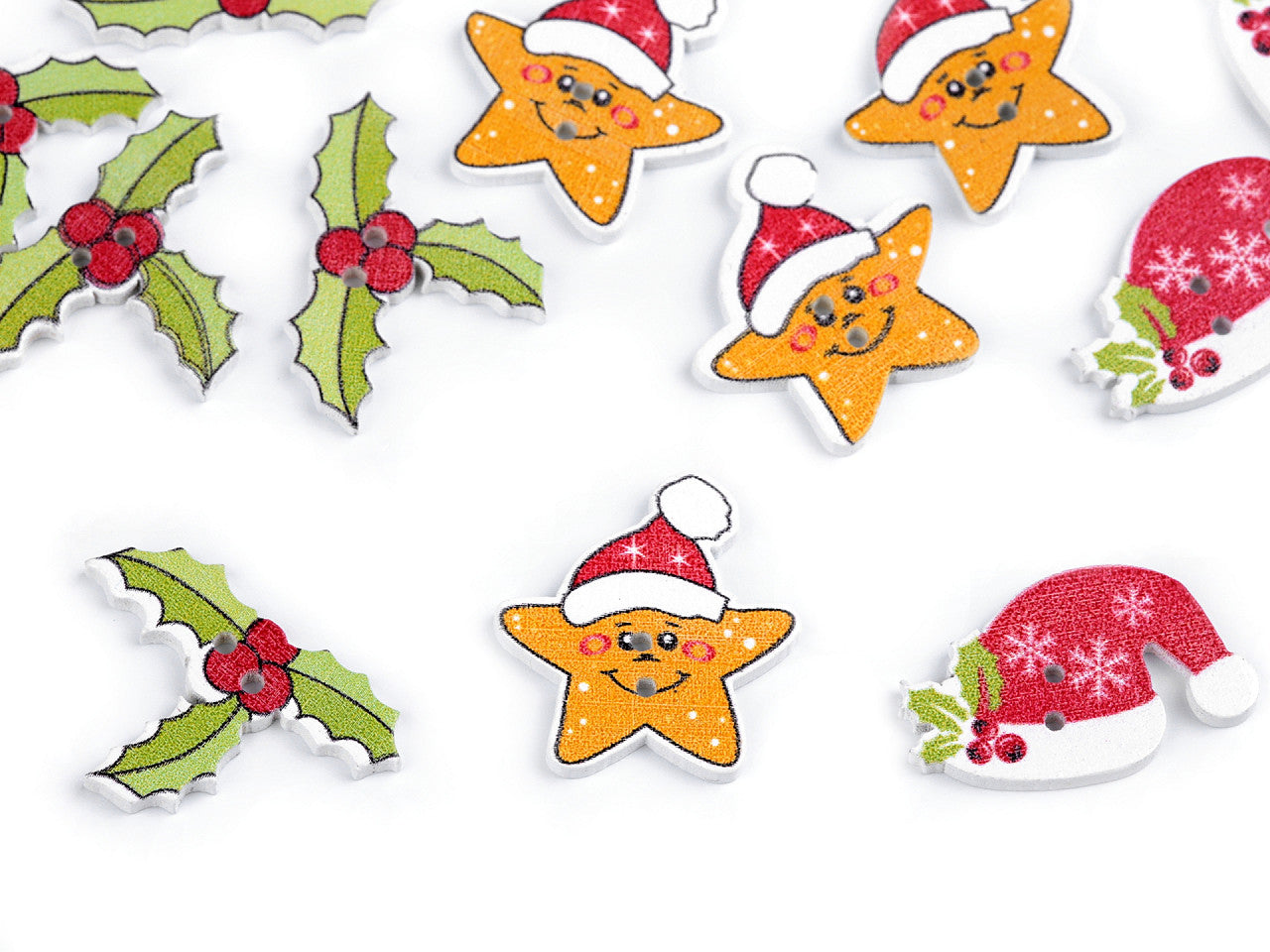 Bouton décoratif en bois - Houx de Noël, Étoile, Bonnet
