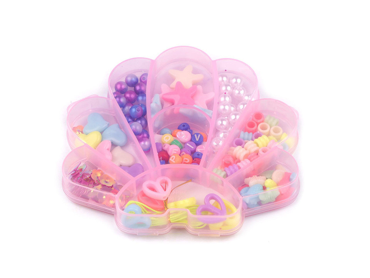 Assortiment de perles + ficelle en nylon dans une boîte - Coquillage, Licorne, Ourson - 1boîte