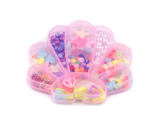 Assortiment de perles + ficelle en nylon dans une boîte - Coquillage, Licorne, Ourson - 1boîte