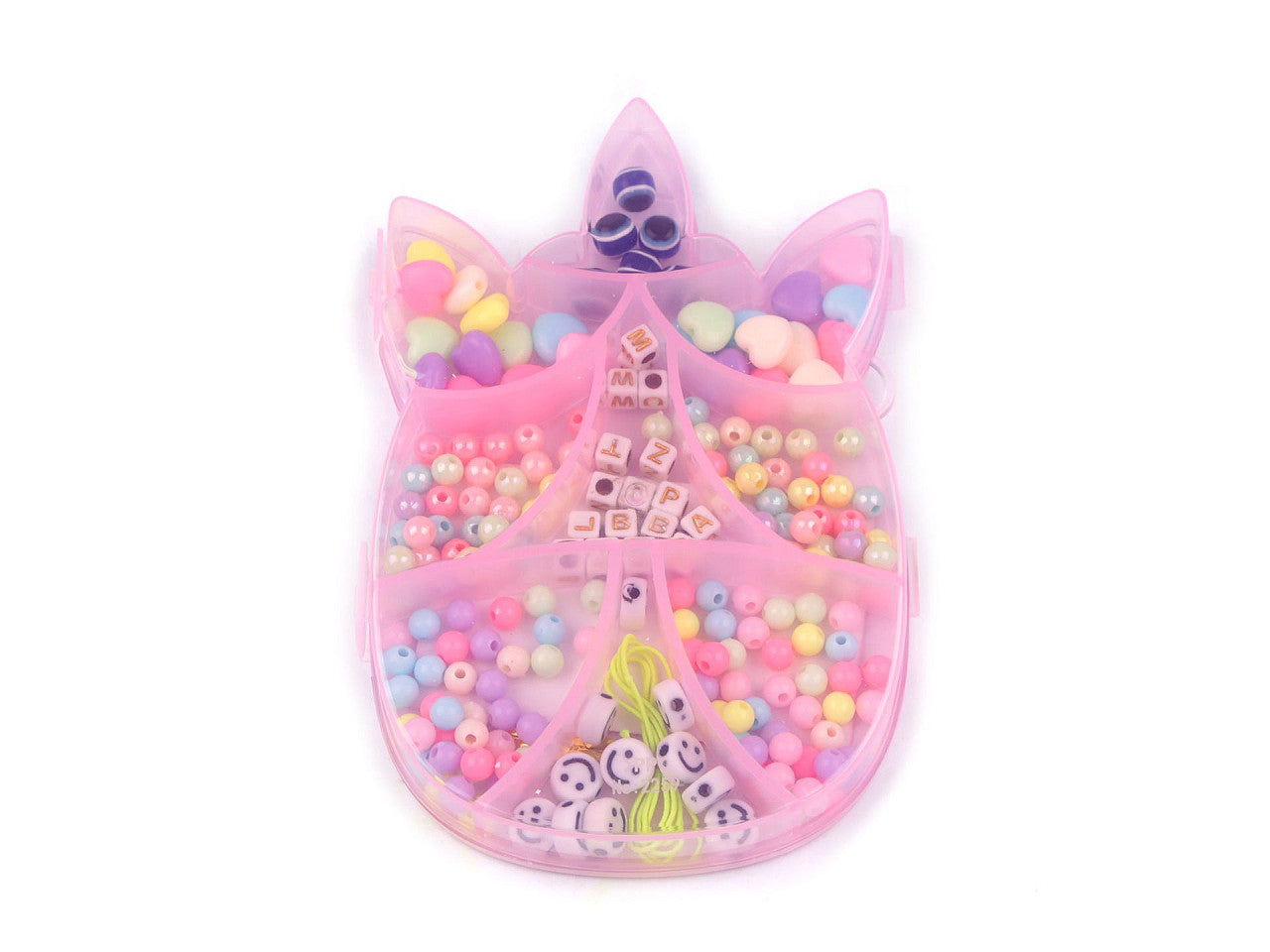 Assortiment de perles + ficelle en nylon dans une boîte - Coquillage, Licorne, Ourson - 1boîte