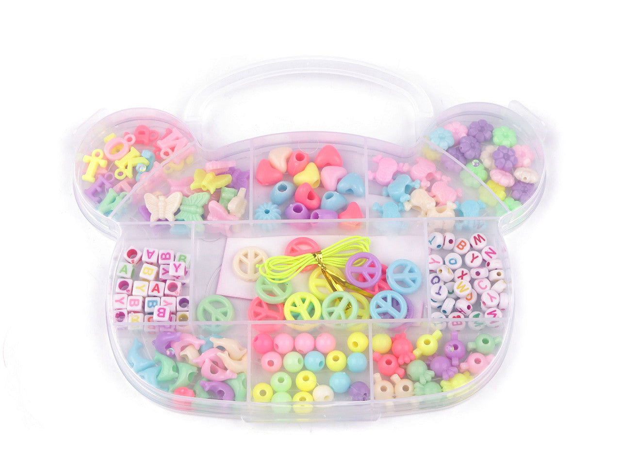 Assortiment de perles + ficelle en nylon dans une boîte - Coquillage, Licorne, Ourson - 1boîte