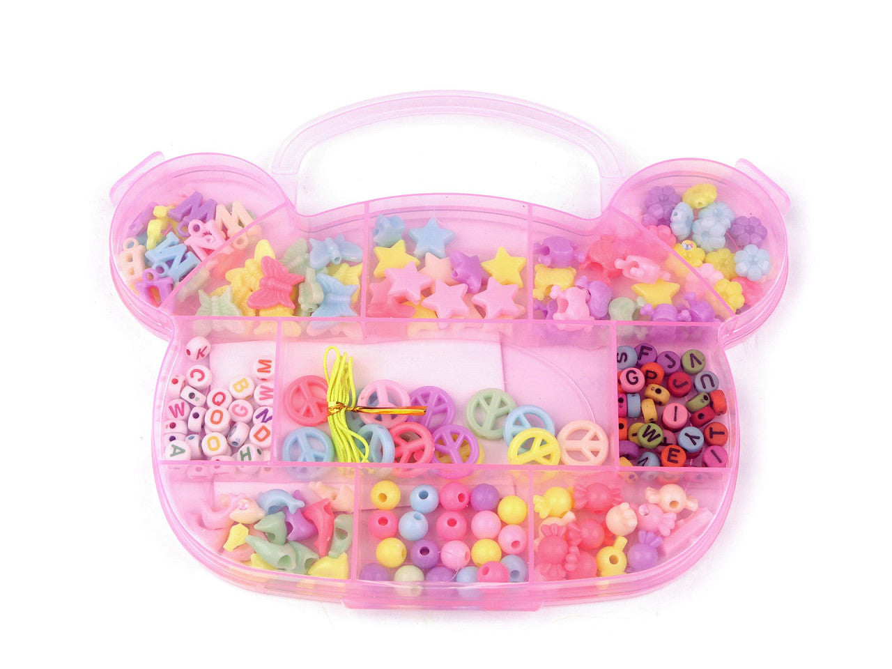 Assortiment de perles + ficelle en nylon dans une boîte - Coquillage, Licorne, Ourson - 1boîte