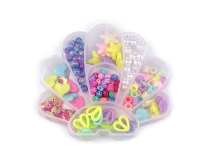 Assortiment de perles + ficelle en nylon dans une boîte - Coquillage, Licorne, Ourson - 1boîte