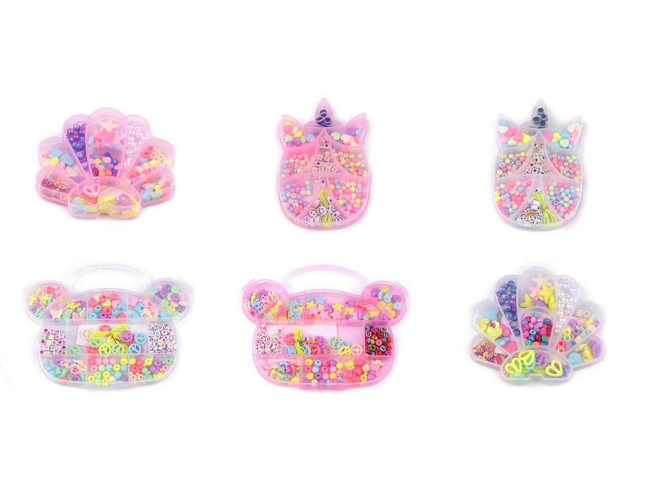 Assortiment de perles + ficelle en nylon dans une boîte - Coquillage, Licorne, Ourson - 1boîte