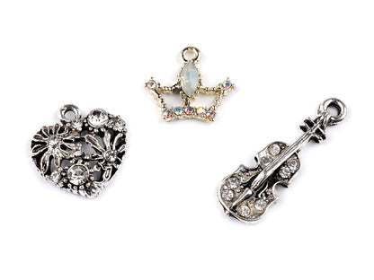 Breloque métallique/Tirette de fermeture Éclair avec strass - Cœur, Violon, Couronne - 2pc