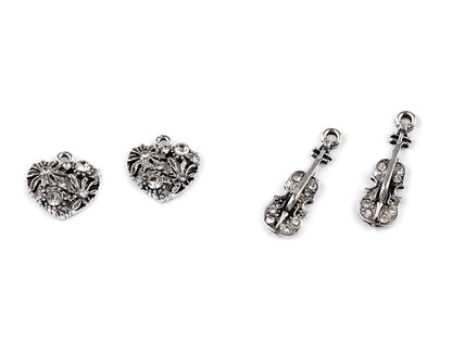 Breloque métallique/Tirette de fermeture Éclair avec strass - Cœur, Violon, Couronne - 2pc