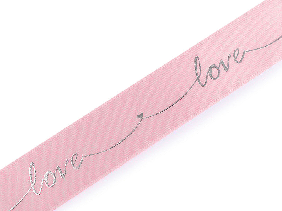 Ruban satiné avec impression métallisée Love, largeur 26 mm