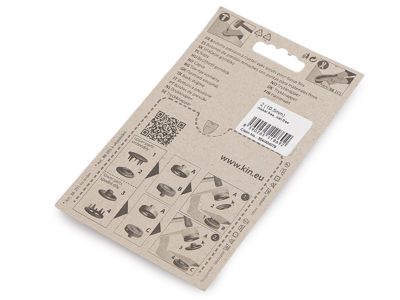 Boutons pression Roland Style, Ø 11 mm, pour tissus fins, nickel - 1carte