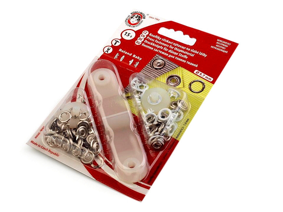 Boutons pression Roland Baby, Ø 10 mm, pour tissus fins, vernis coloré - 1carte