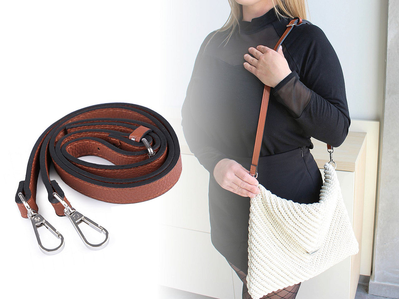 Longue sangle en éco-cuir pour sac à main, avec mousquetons, largeur 1,5 cm