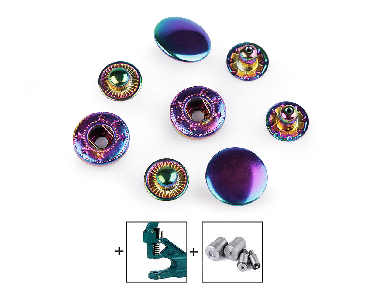 Boutons pression, Ø 15 mm, pour tissus moyennement épais, arc-en-ciel - 10set
