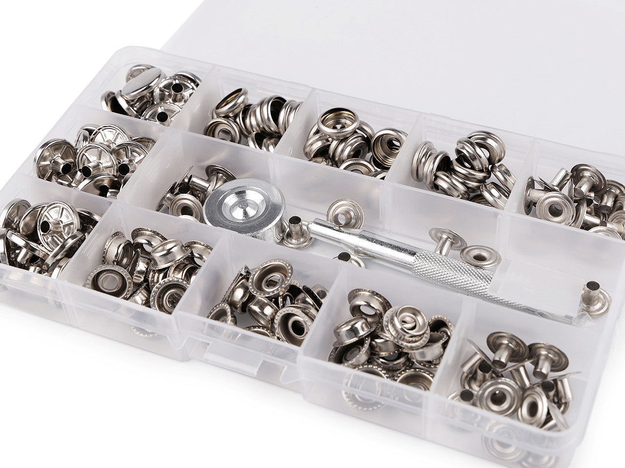 Lot de boutons pression métalliques, Ø 15 mm, avec outil de perforation, pour tissus épais - 1set