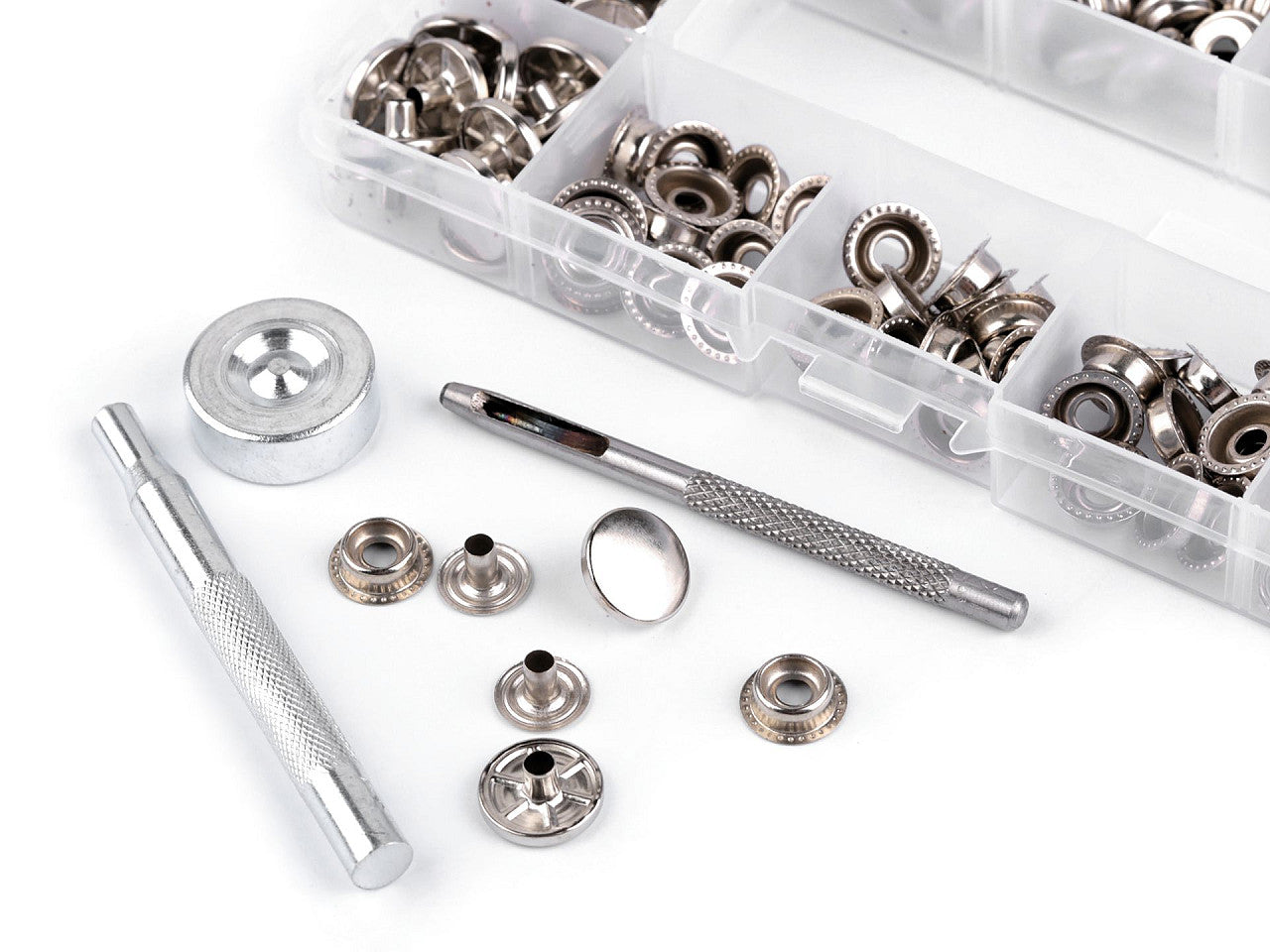Lot de boutons pression métalliques, Ø 15 mm, avec outil de perforation, pour tissus épais - 1set