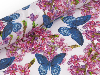 Tissu/Toile en coton, Fleurs, papillons, largeur 220 cm - 1m