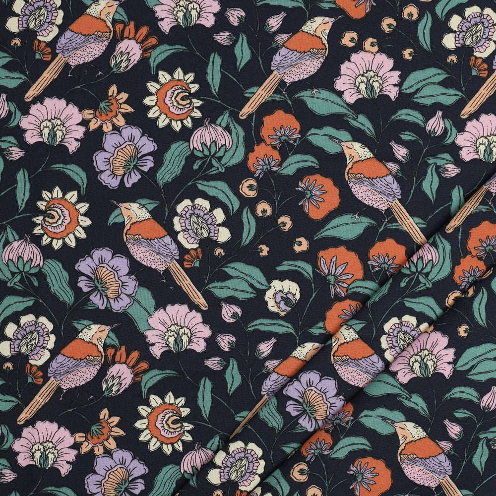 Coton enduit fleurs - Bleu marine oekotex POPPY