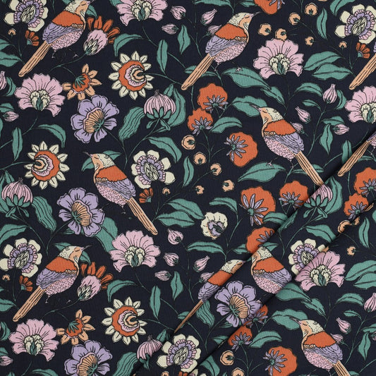 Coton enduit fleurs - Bleu marine oekotex POPPY