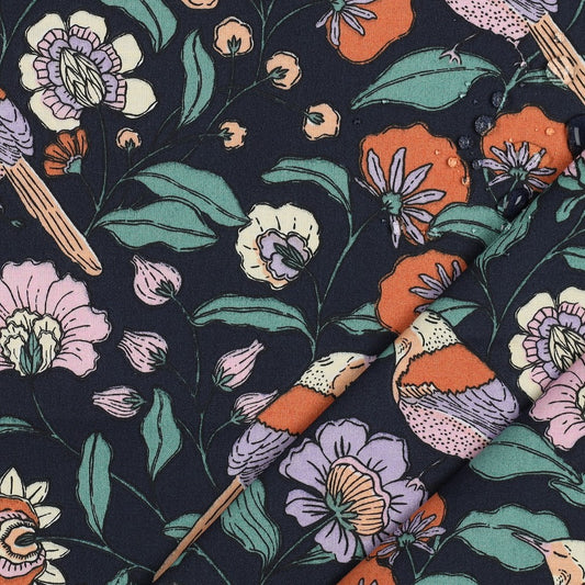 Coton enduit fleurs - Bleu marine oekotex POPPY